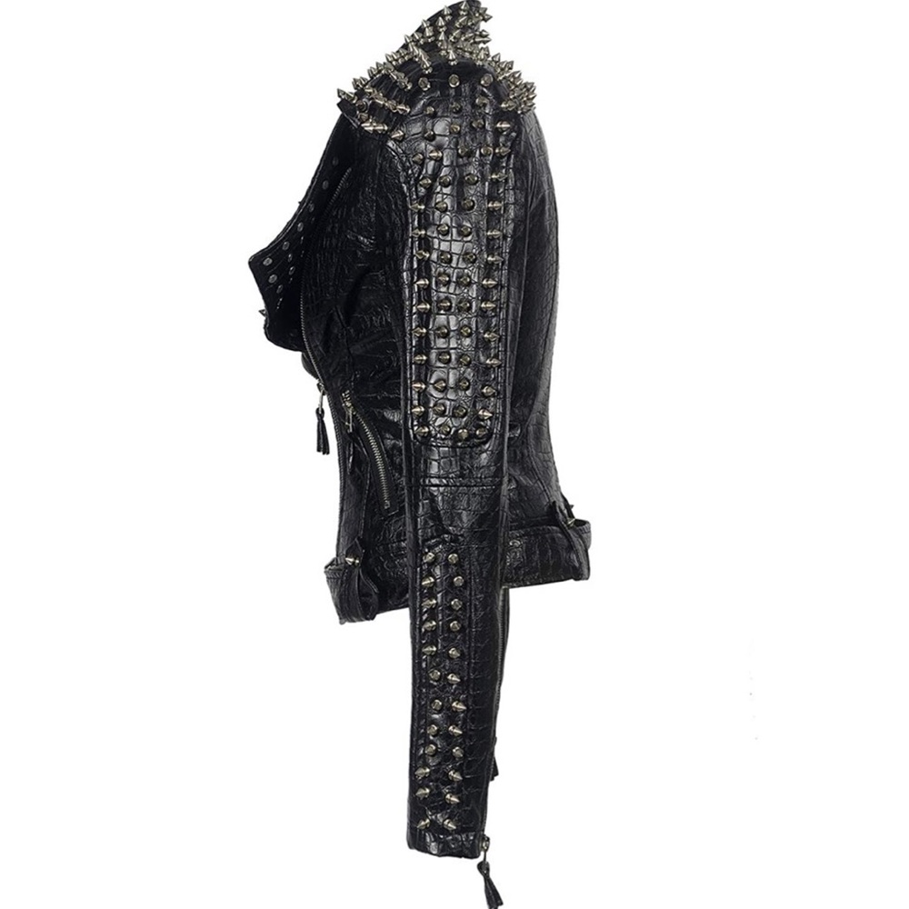 Croc Embossed Faux Leather Jacket Studded Rivet - Picture 2 of 9